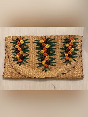 Vintage Handwoven Straw Clutch with Green, Yellow & Orange Floral Embroidery